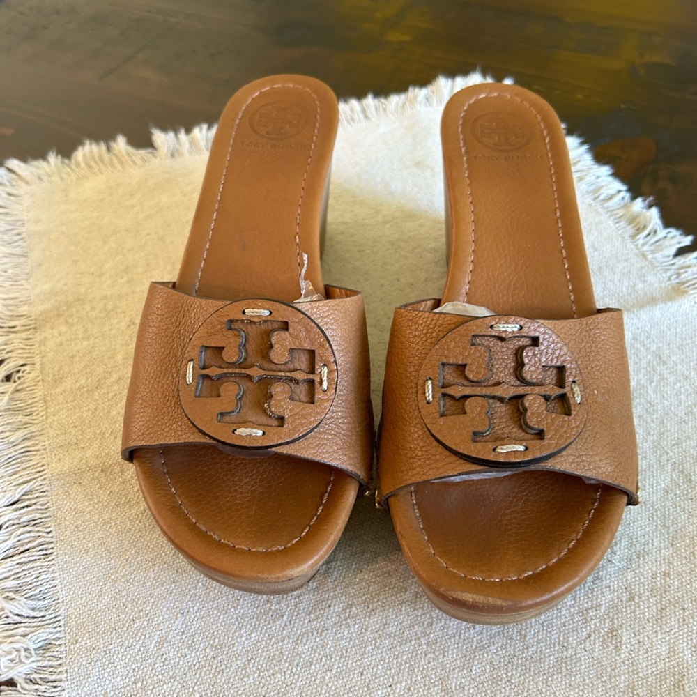 Tory Burch Brown Leather Logo Slide Sandals